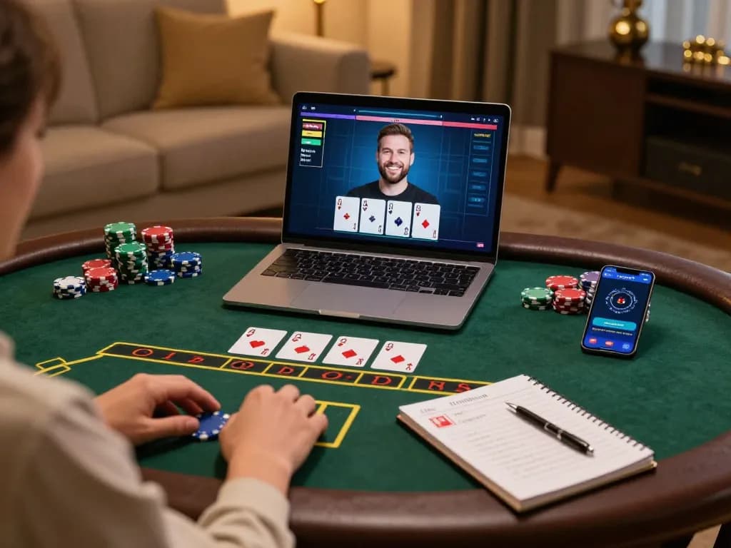 Pemain menikmati blackjack dealer langsung di kasino online OKESLOT, menyoroti pengalaman bermain yang menarik di rumah.