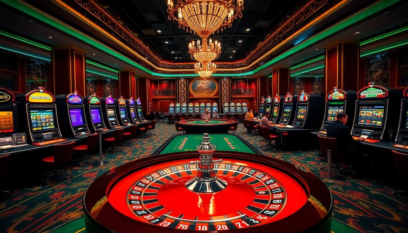 Exciting gambling scene at 78Win casino featuring roulette table, poker gameplay, and vibrant slot machines.