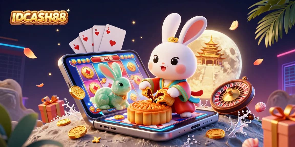 Play exciting slot games with IDCASH88, featuring vibrant 3D artwork of characters and casino elements.