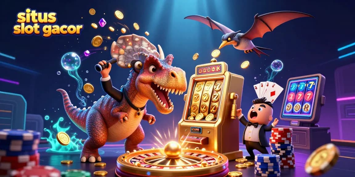 Menghasilkan jackpot dari situs slot gacor, dinosaurus dan manajer kasino dalam ilustrasi 3D