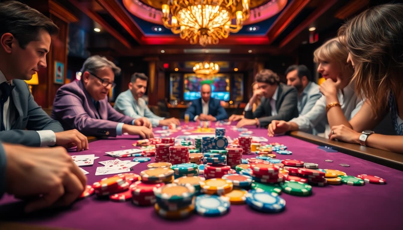 Menang di meja kasino ondel4d dengan chip dan kartu yang berkilau di depan pemain.
