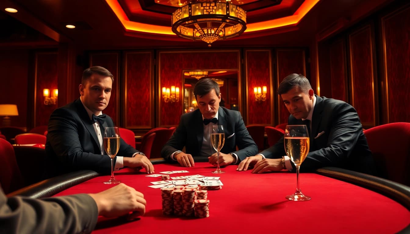 Kutu4d dalam suasana kasino yang mewah dengan pemain yang terfokus di meja poker.