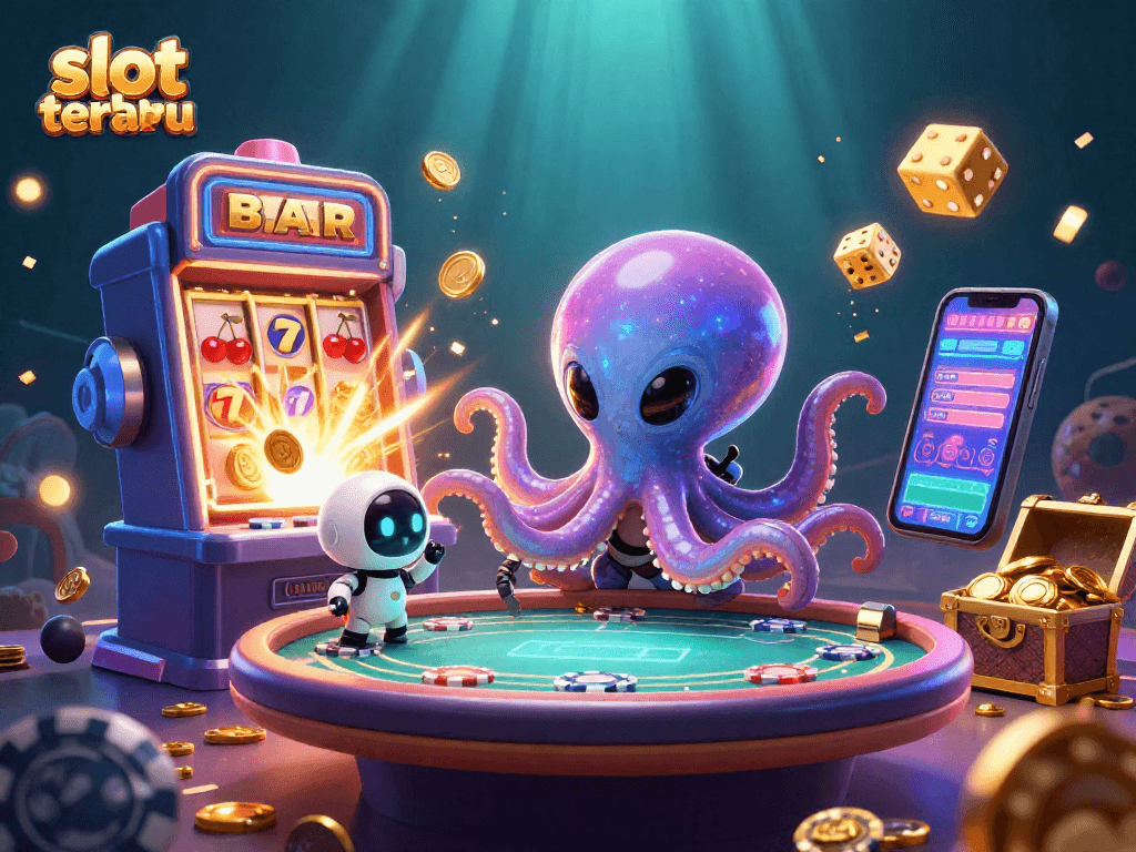 Experience the thrill of slot terbaru with an alien octopus at a holographic poker table in an exploding jackpot scene.