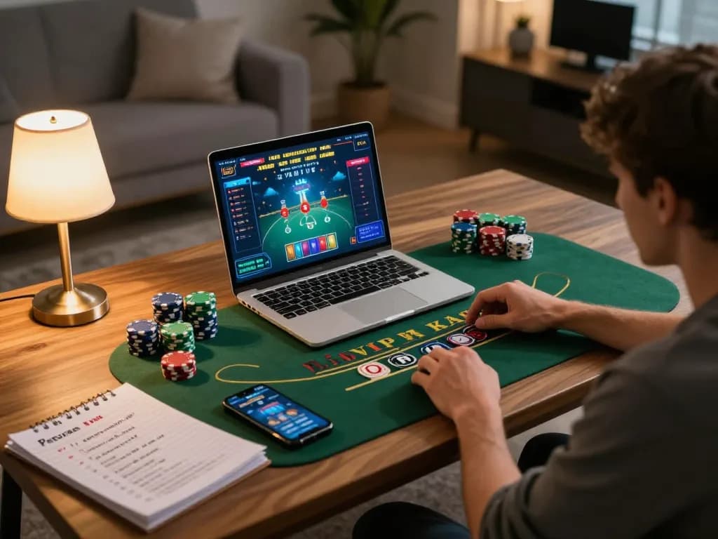 UG88 player using laptop for live dealer blackjack, showcasing strategic betting in a cozy gaming setup