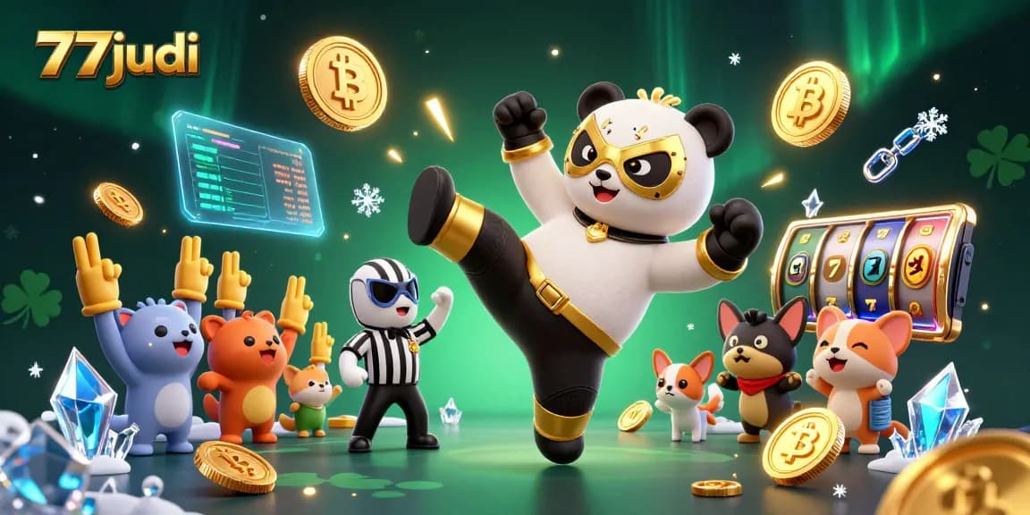 Immerse yourself in 77judi's vibrant gaming scene featuring a lively panda wrestler and dynamic casino elements.