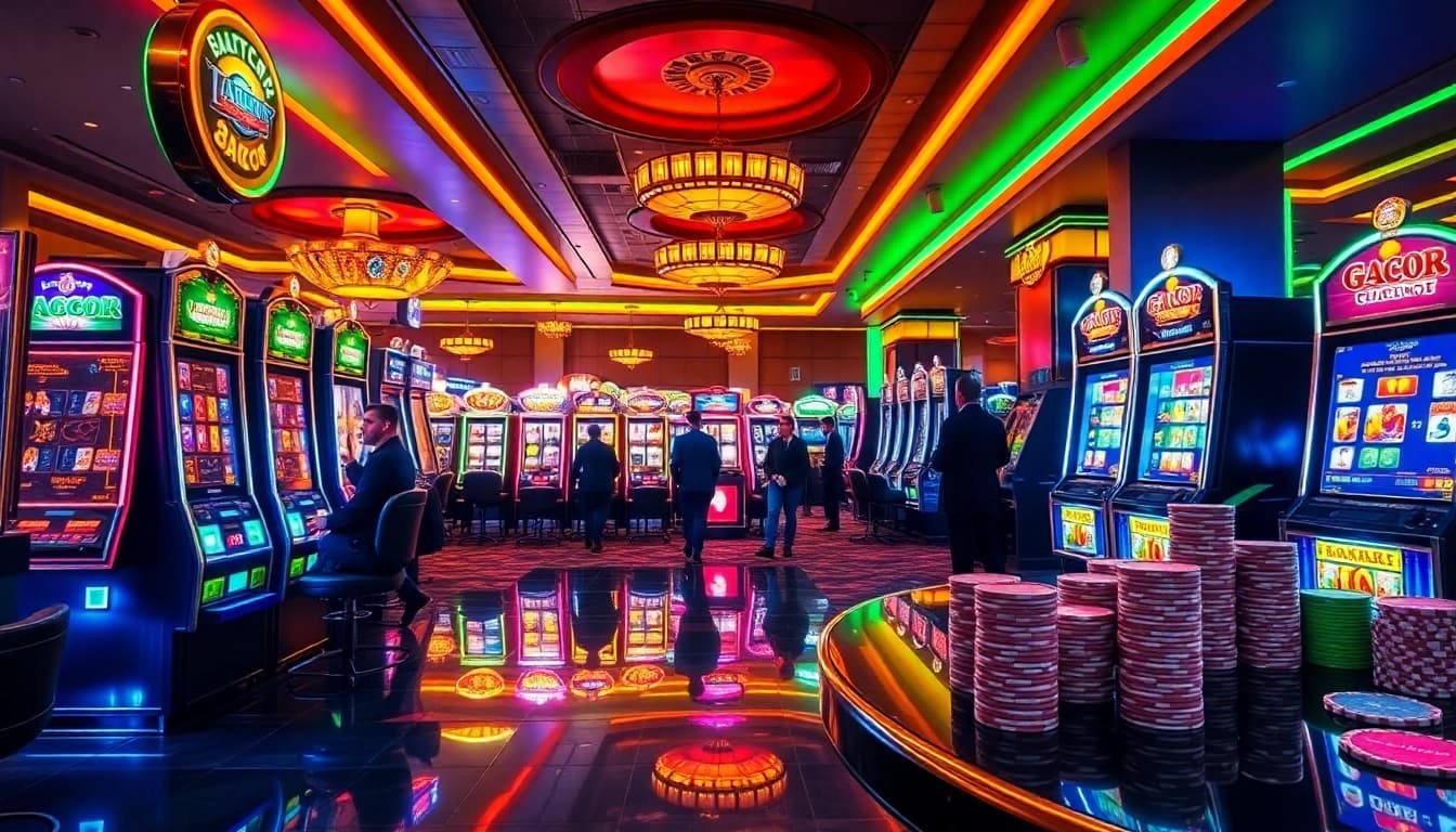 Excited players engaging with slot gacor machines in a vibrant casino ambiance.