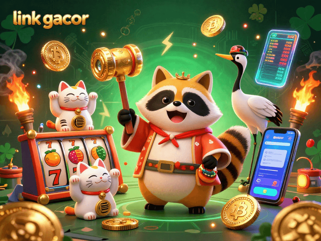 Spin the reels with link gacor as a cheerful tanuki celebrates wins in a vibrant casino atmosphere.