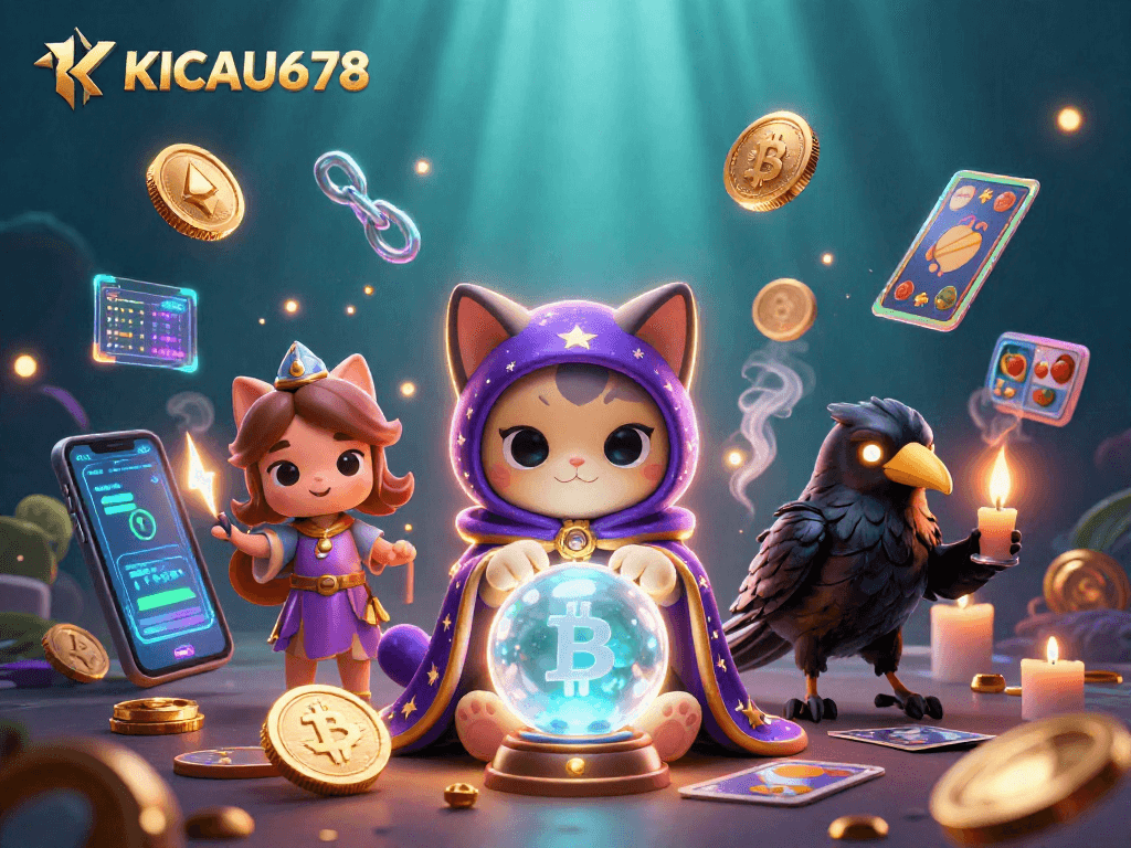 KICAU678 unveils slot machine magic amidst a 3D mystical scene of a fortune teller cat and raven.