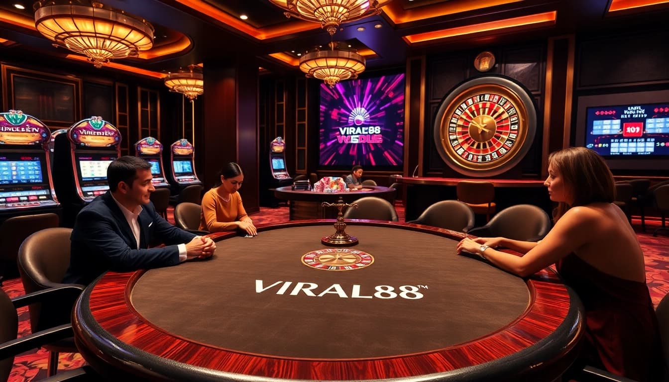 Experience the thrill of gambling at VIRAL88 with high-stakes poker and vibrant casino elements.