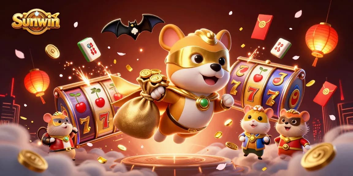 Sunwin casino illustration featuring superhero dog and hamster amidst vibrant slot game elements.