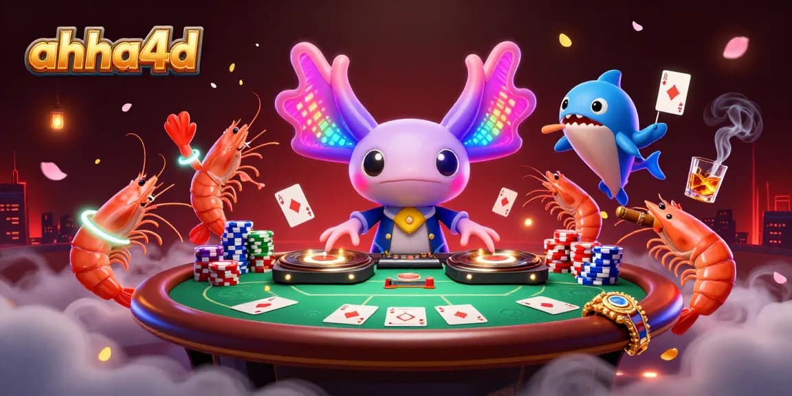 Join the fun at ahha4d as a neon axolotl DJ sets the vibe for poker, spinning records and winning big!