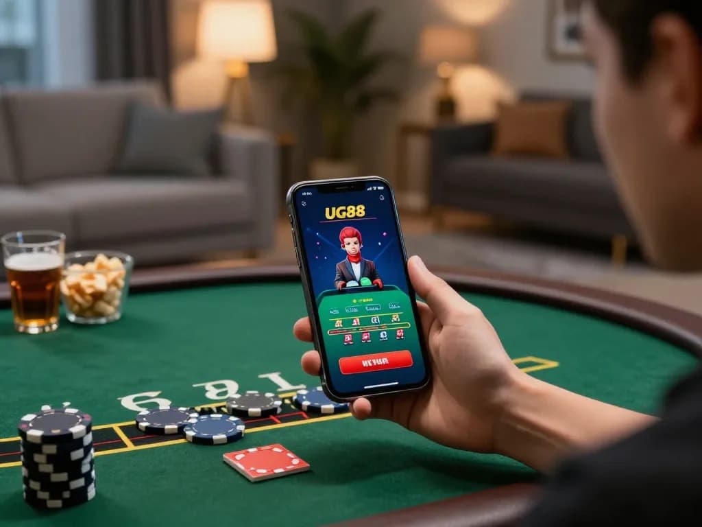 Player using UG88 mobile app for live blackjack gaming in a cozy home environment.