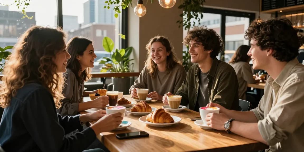 Pengalaman kuliner BOS88 di kafe modern dengan teman-teman sambil menikmati kopi dan kue.