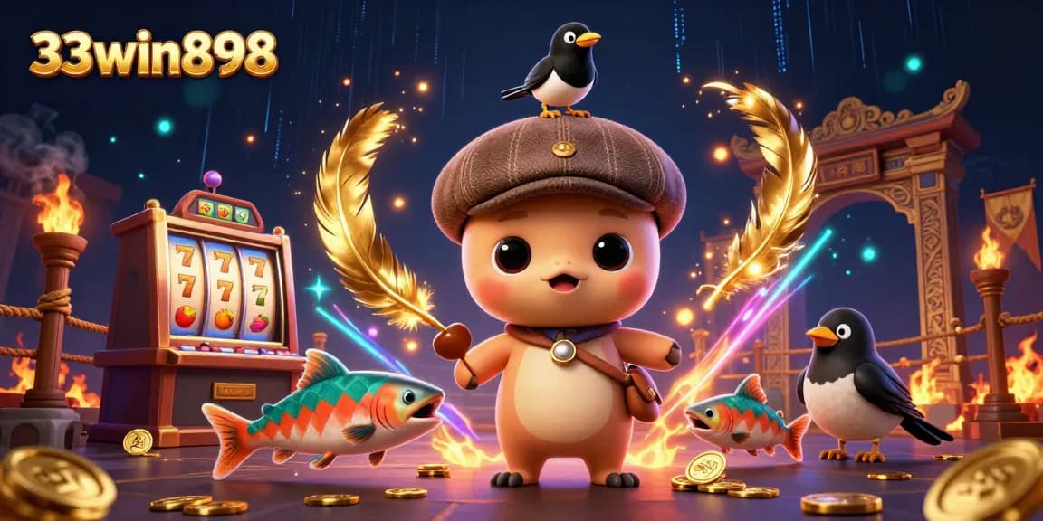 Play slots and win big with 33win898, featuring a fun 3D Pixar-style illustration.