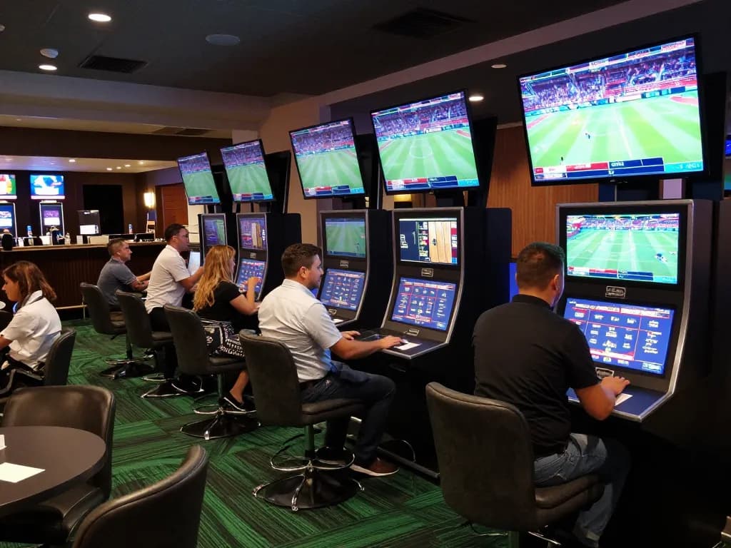 Sports betting excitement at https://ta88at.com/ casino with guests placing wagers and large screens displaying live events.
