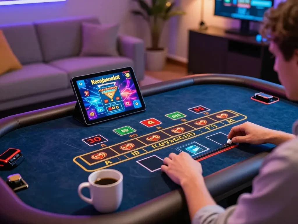 Player experiencing kerajaanslot online gaming with vibrant tablet interface and cozy room ambiance
