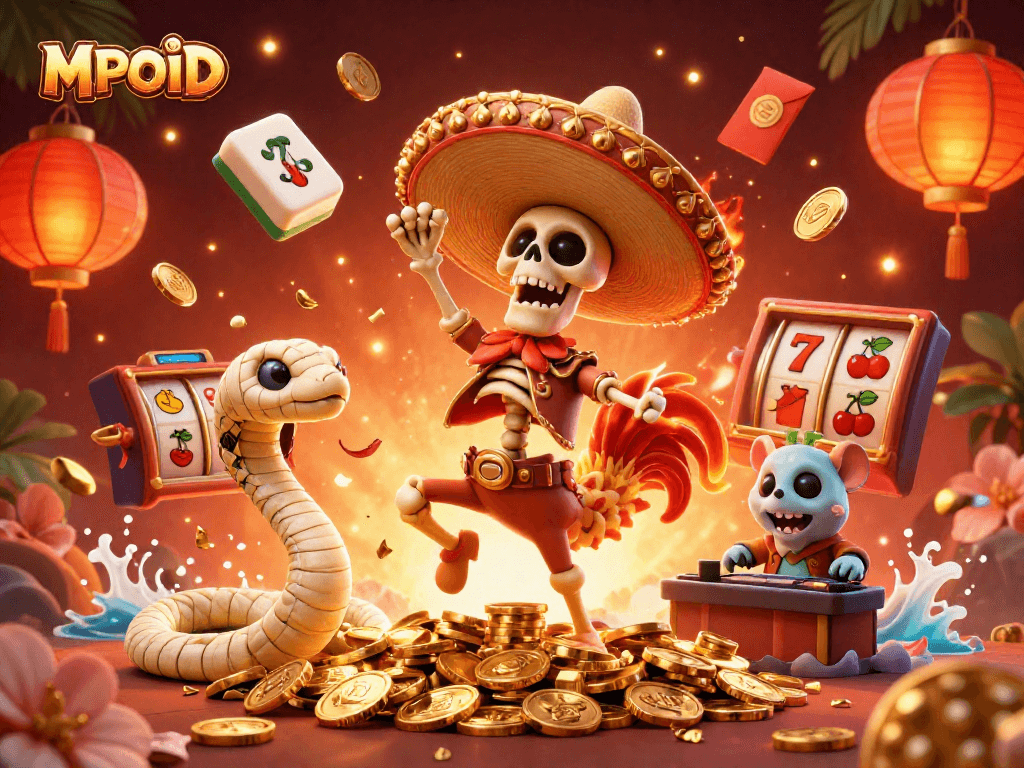 MPOID platform features a lively 3D illustration with vibrant casino characters celebrating over golden coins.