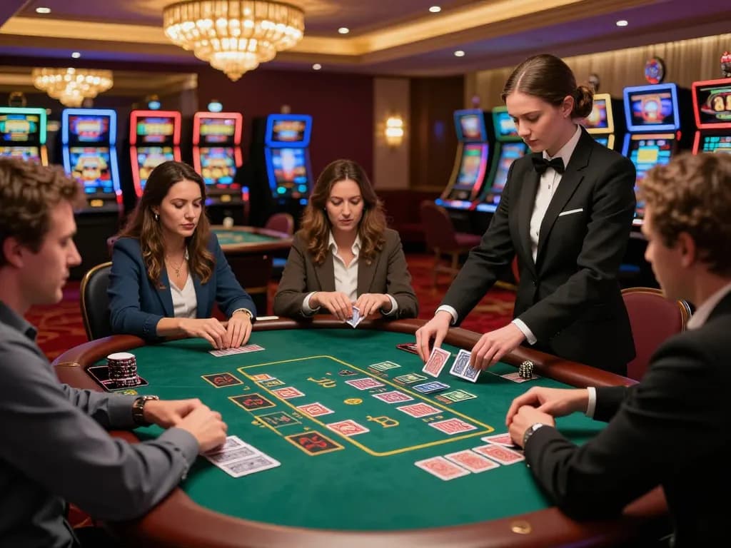 Players placing strategic bets at pfly88 blackjack table in luxury casino.