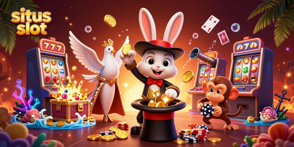 Engage with situs slot through a vibrant illustration featuring a magician rabbit, glittering coins, and playful casino elements.