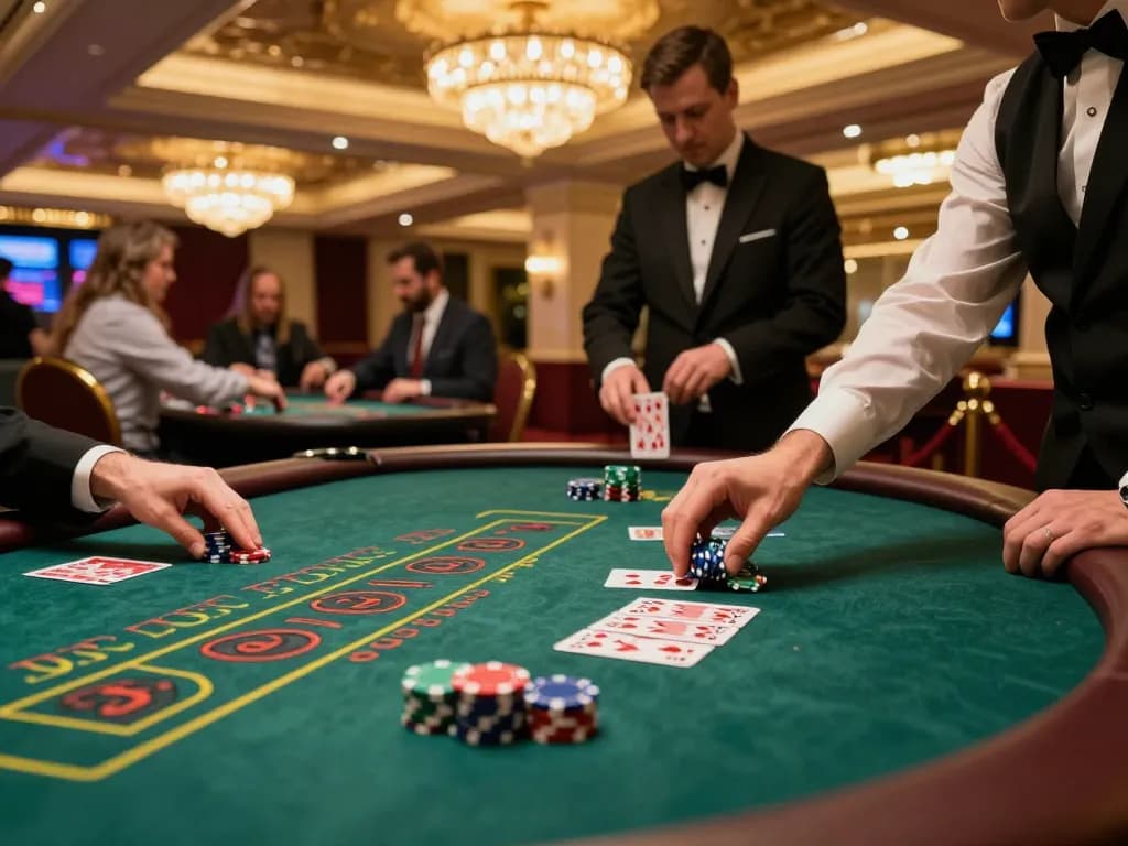 Exciting blackjack action at a premium casino table featuring cm88 registered players placing bets and strategizing.