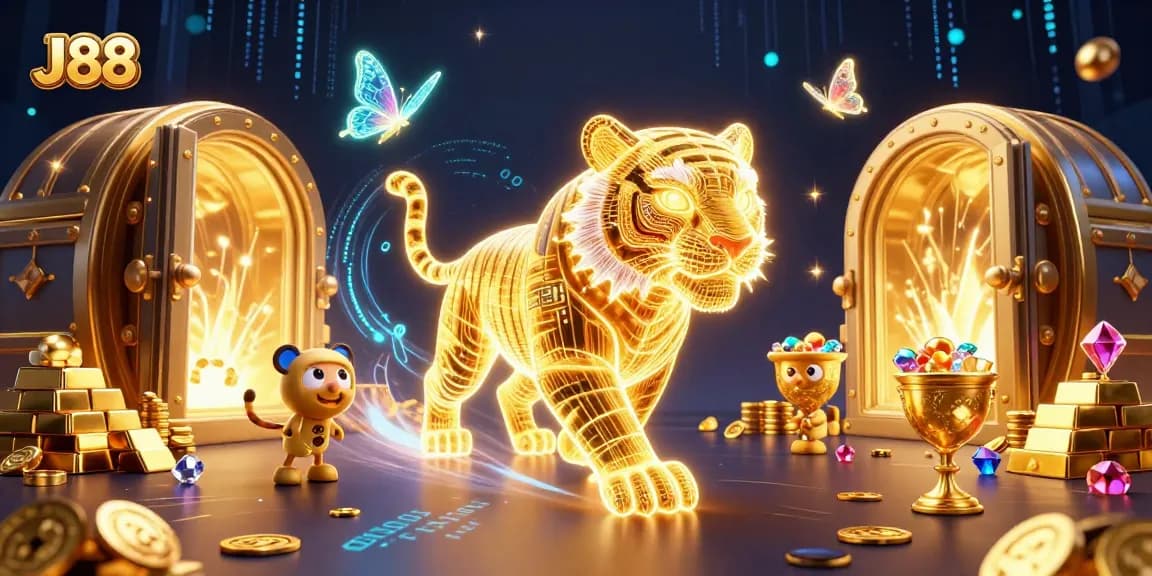 J88 showcases a thrilling digital casino scene with a golden tiger and treasure elements.