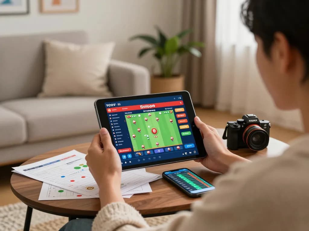 Engaging in togel singapore online, a player analyzes data on a tablet in a cozy living room.