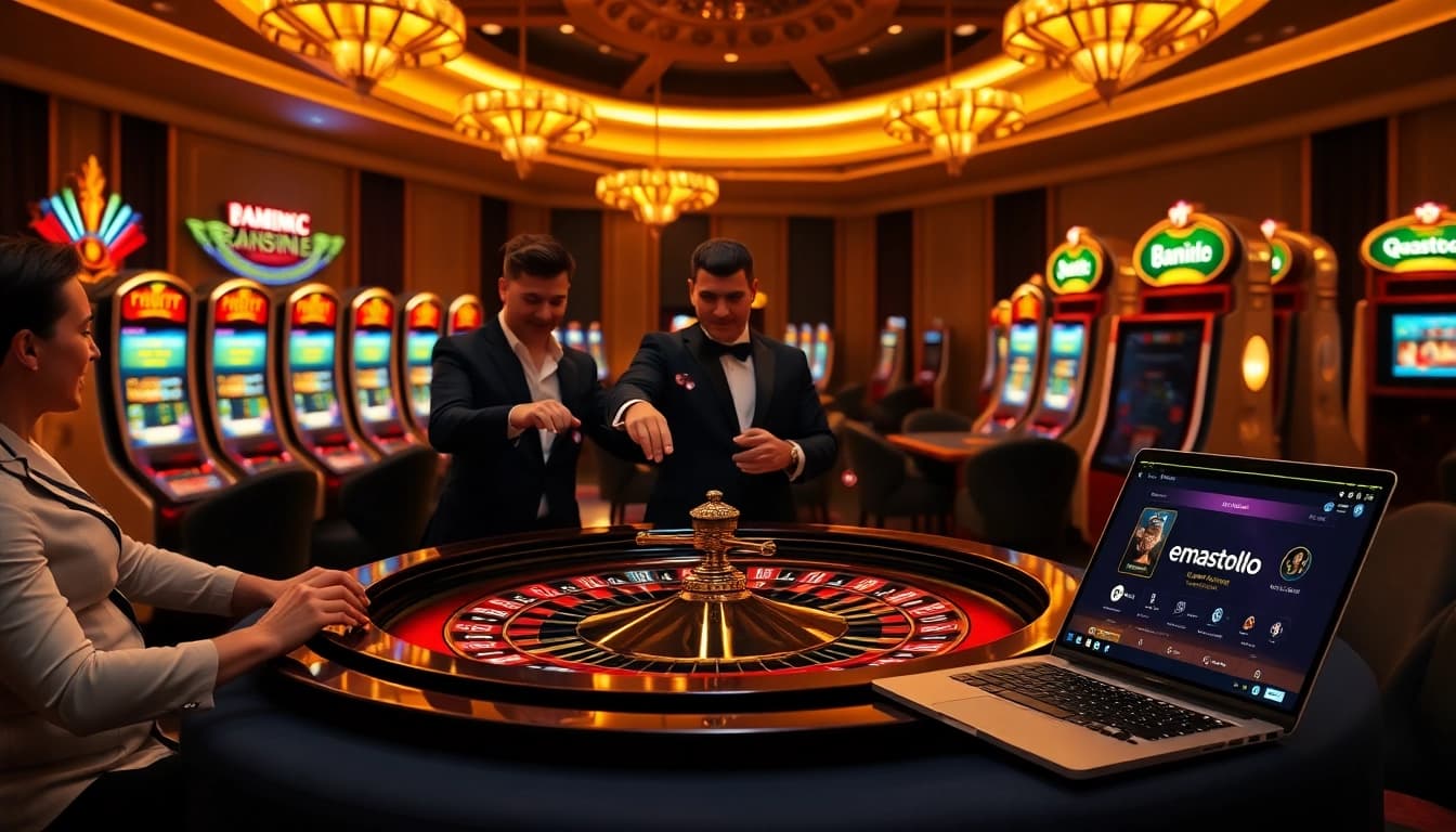 Pemain menikmati sensasi emastoto di atas meja kasino yang elegan dengan chip dan rolet.