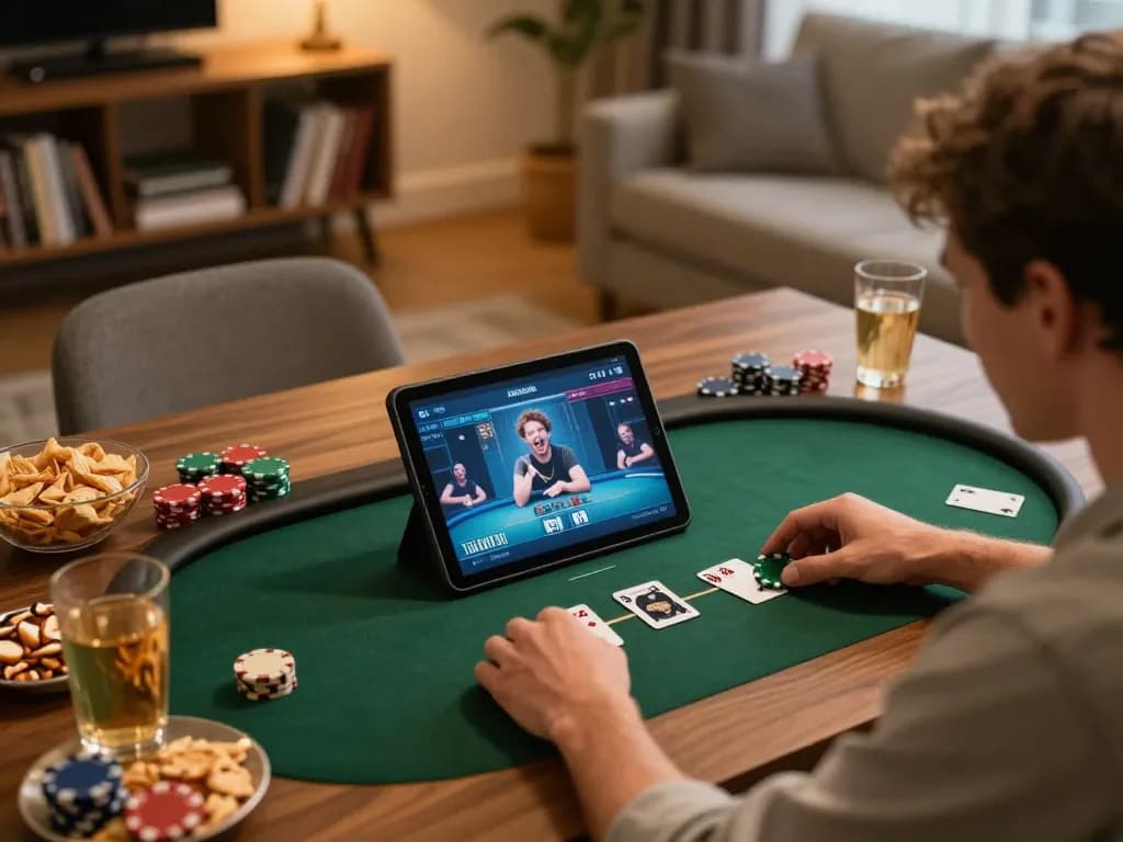 TẢI GO88 for engaging online poker gaming experience in a cozy home environment with snacks and warm lighting.