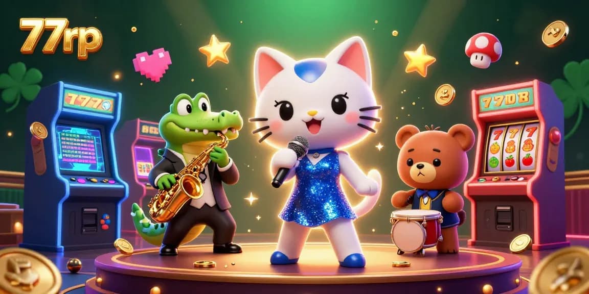 Experience the thrill of 77rp with a lively casino scene featuring unique animals and vibrant gaming elements.