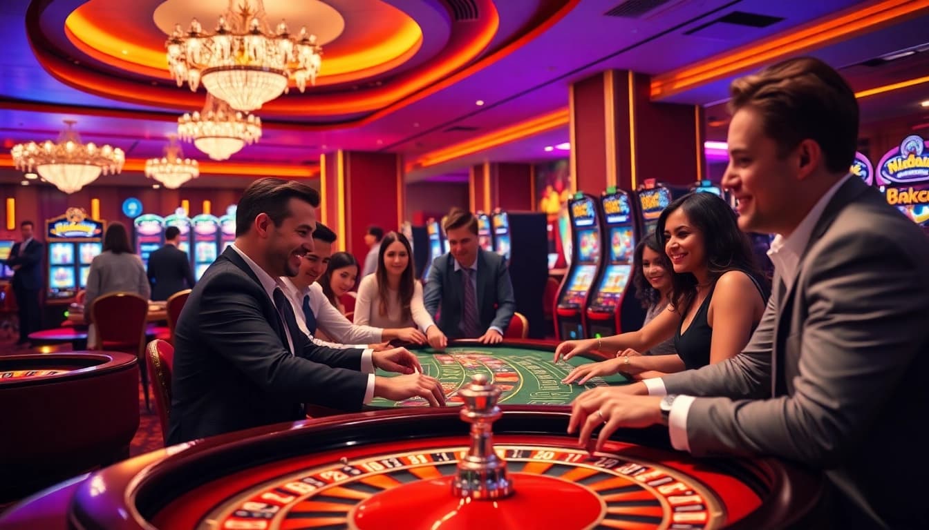 Exciting gambling scene at https://bk8x.club/ featuring lively players at casino tables and vibrant slot machines.