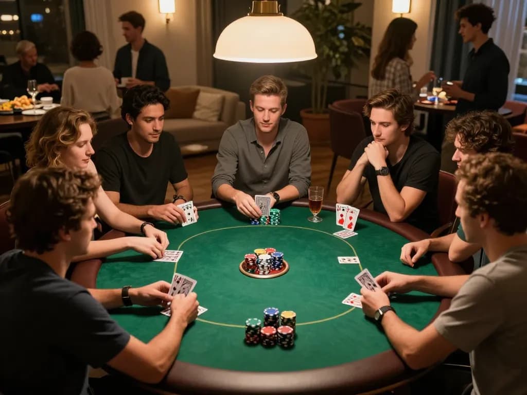 UGDEWA poker players strategizing during a friendly game night, vibrant chips and cards on display.
