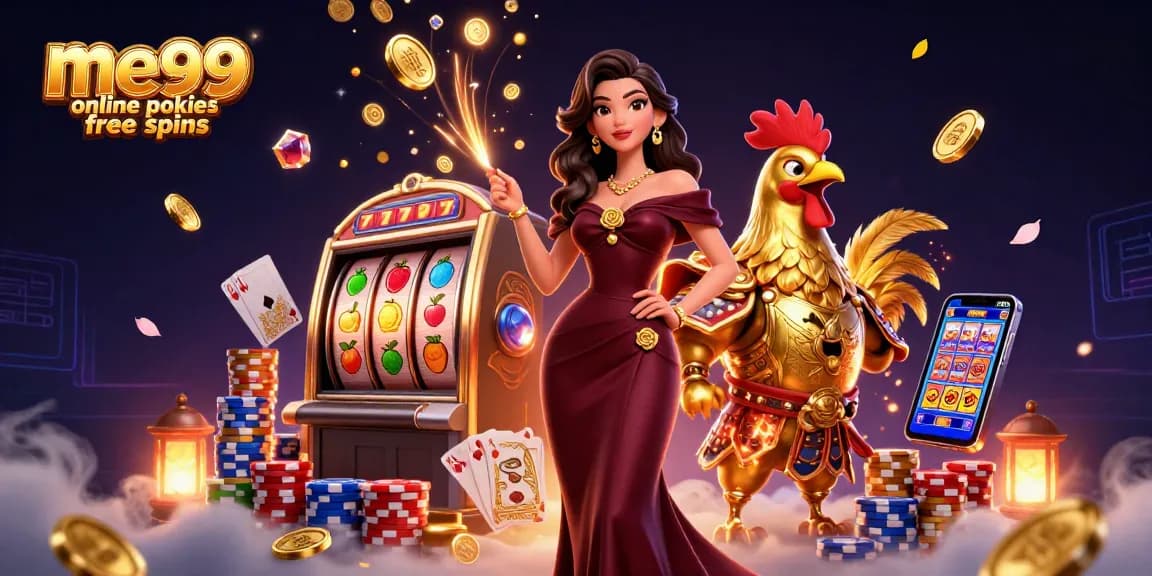 Experience me99 online pokies free spins with glamorous characters and vibrant casino elements.