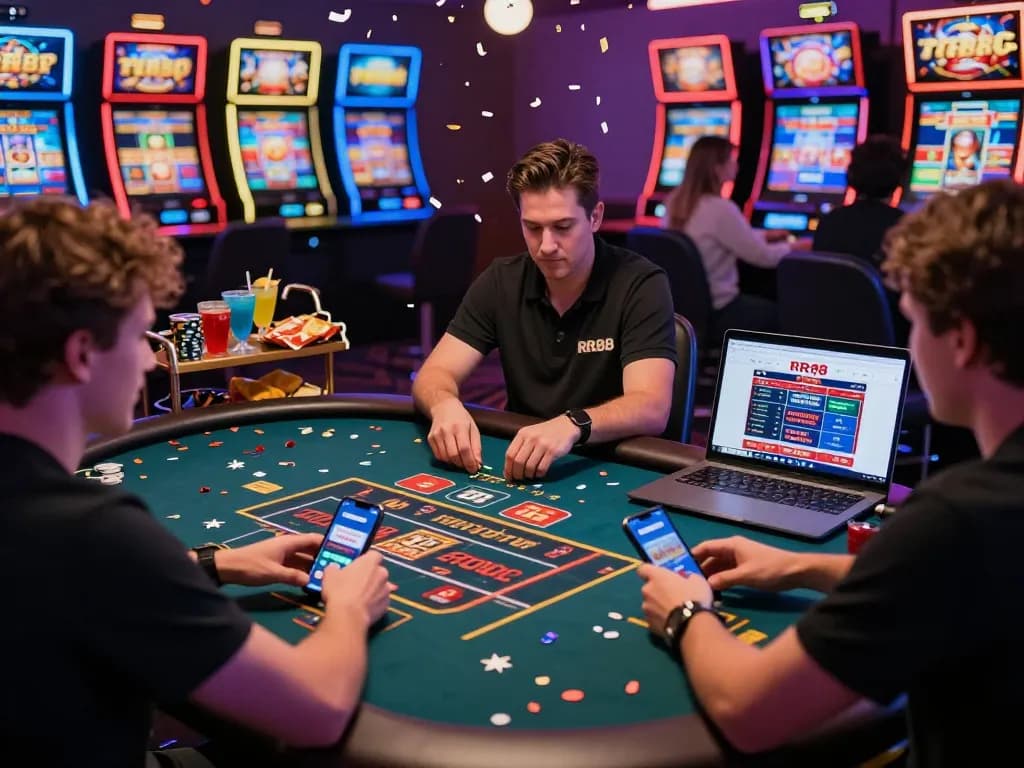 Exciting RR88 online gambling atmosphere with diverse players enjoying casino games and winning celebrations.