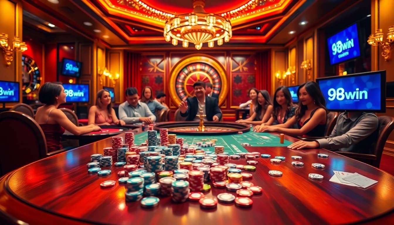 Gambling excitement at 98WIN casino with players enjoying poker and roulette games.