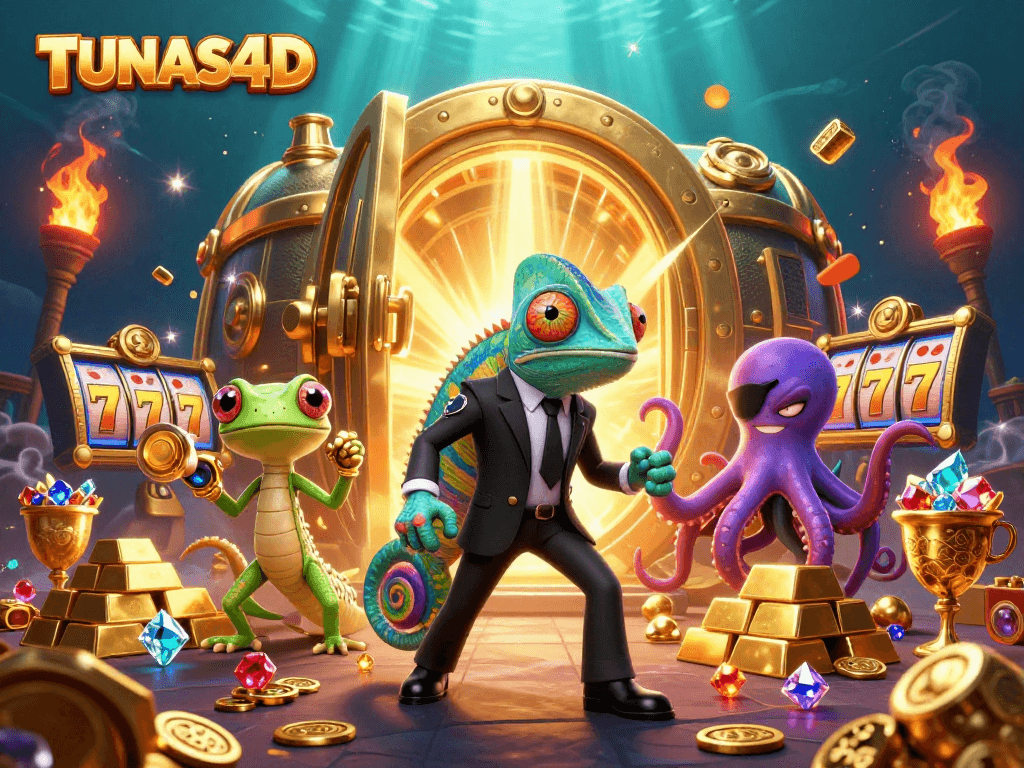 TUNAS4D: Engage in thrilling gameplay with our vibrant casino-themed 3D illustration featuring action-packed slot elements.