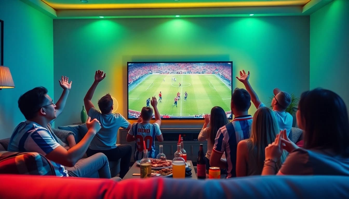 Fans enjoying a live football match on LuongSonTV, showcasing excitement and community.