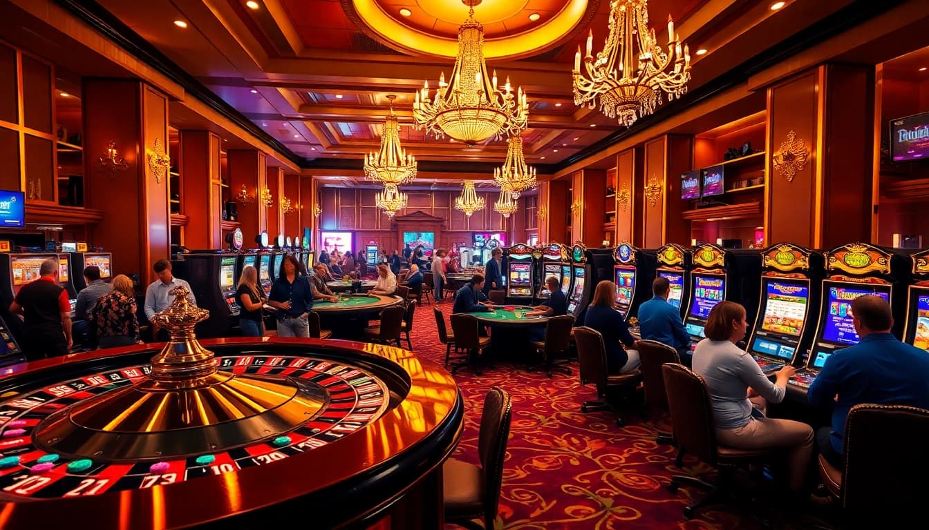 A thrilling casino scene featuring roulette, blackjack, and slot machines at https://x88ni.com/, showcasing the excitement of gambling.