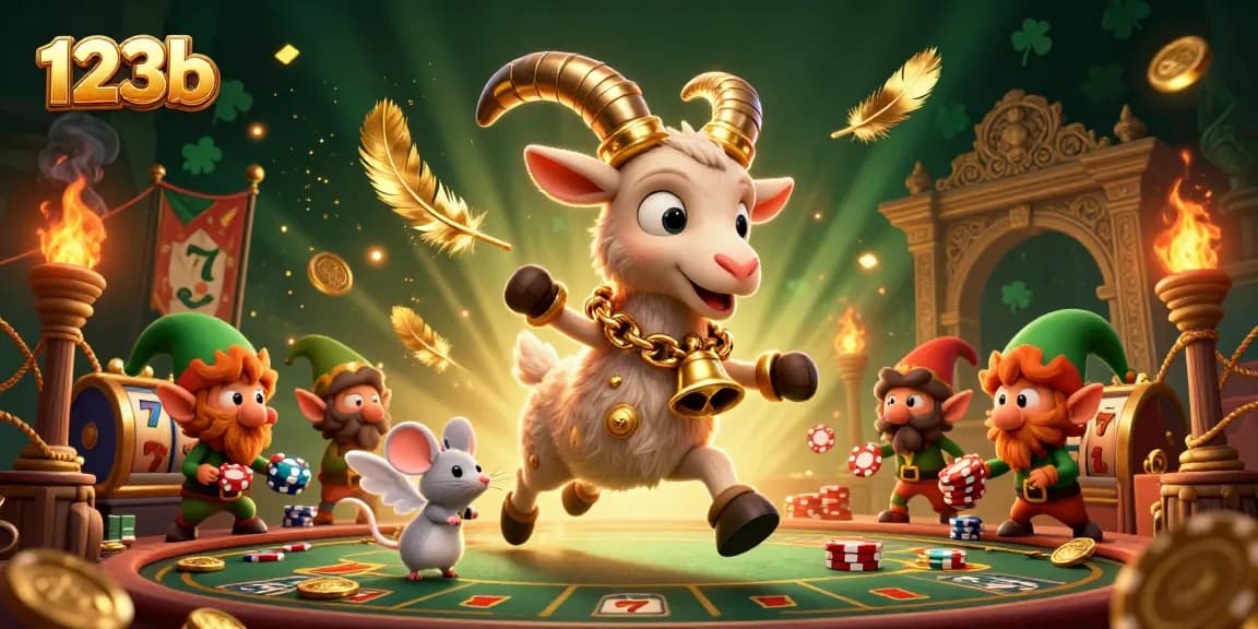 Experience thrilling moments at 123b with playful characters in a dynamic casino setting featuring slot reels and gold coins.