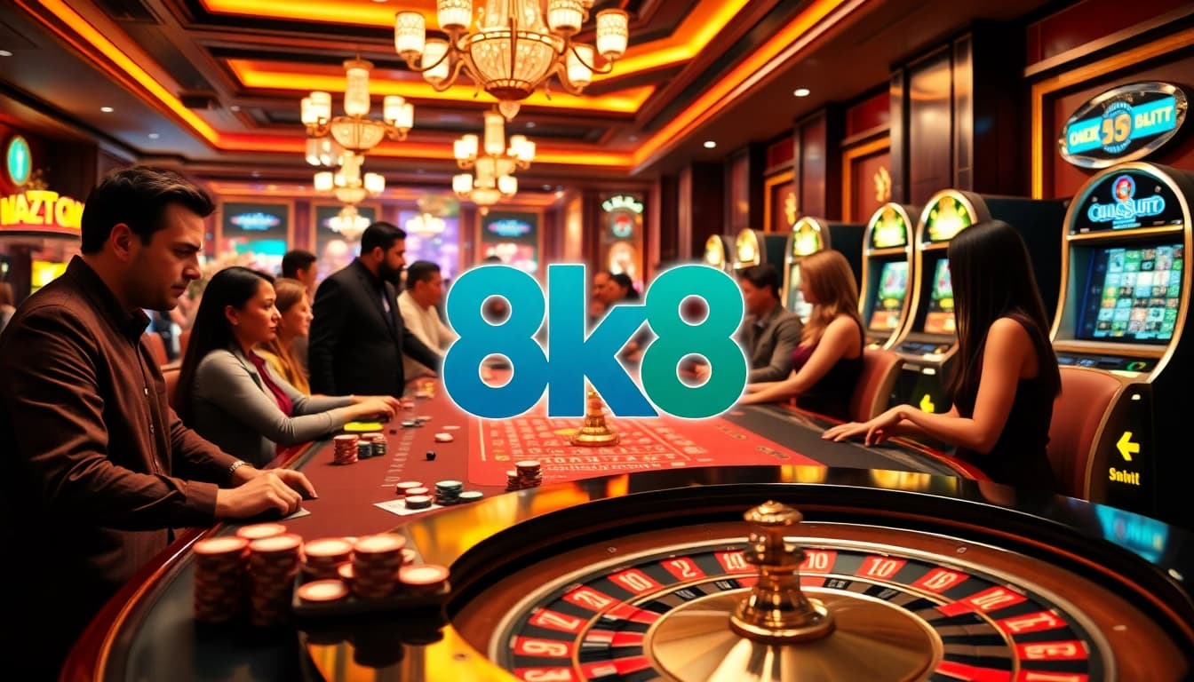Action-packed gaming scene at 8k8 with poker chips and roulette, showcasing thrilling entertainment.