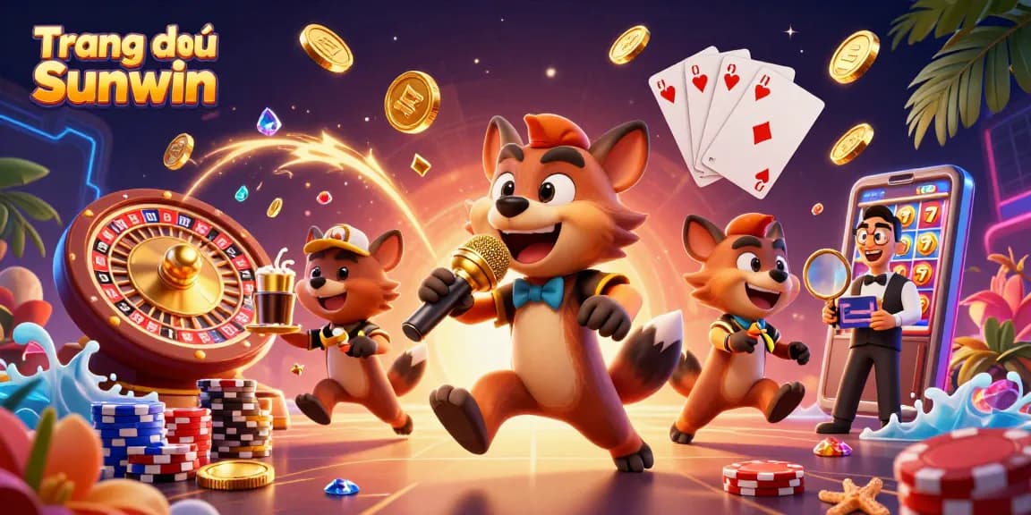 Engage with the thrilling entertainment at Trang chủ Sunwin featuring vibrant casino elements and lively hyena characters.