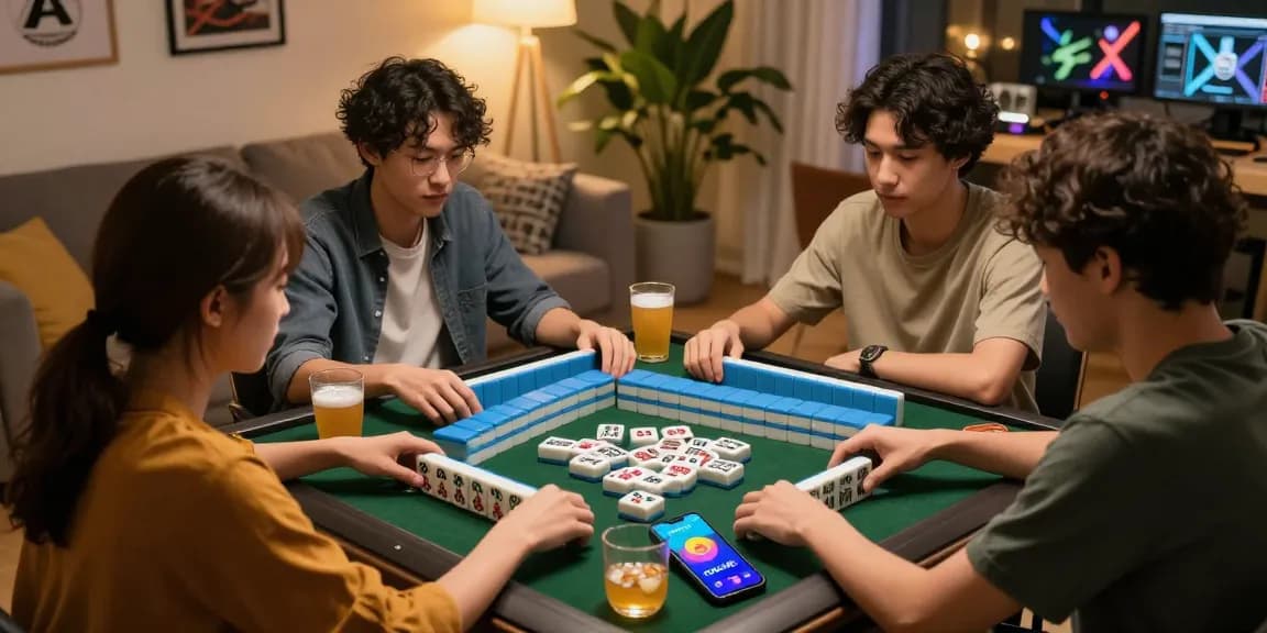 Friends playing Mahjong with CIKA4D app visible, enjoying a gaming night.