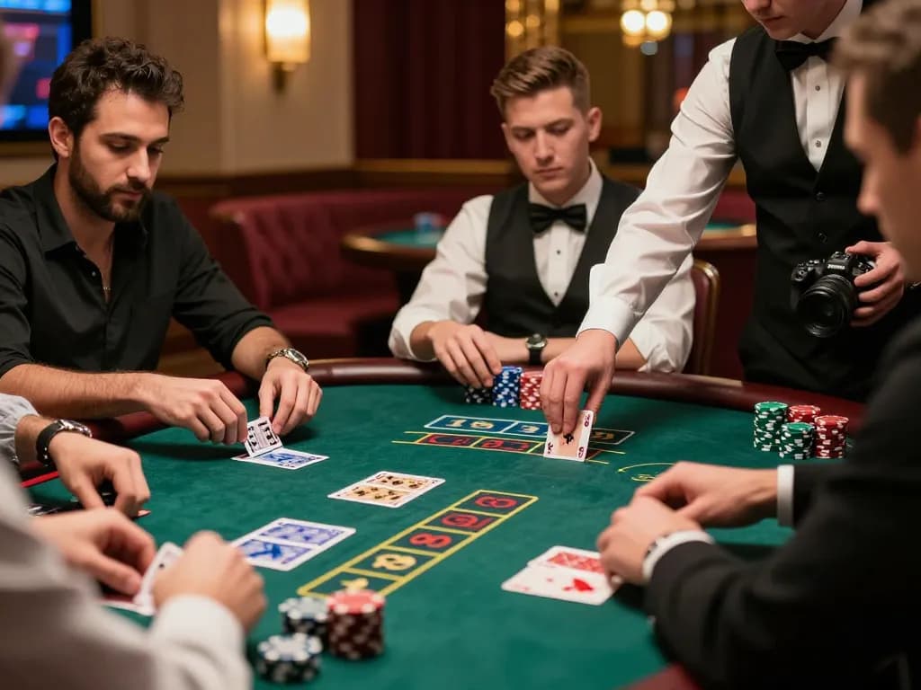 LIGA2000 players strategizing bets at a dynamic blackjack table amidst vibrant casino lighting.