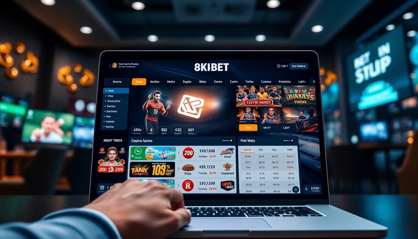 Explore the interactive features of 8KBET's online betting platform, highlighting sports and casino options.