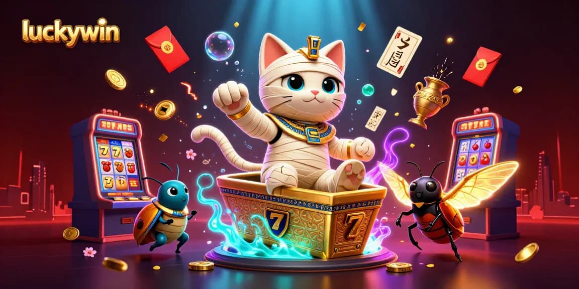 Experience luckywin's thrilling 3D casino scene with slots, an Egyptian mummy cat, and golden elements.