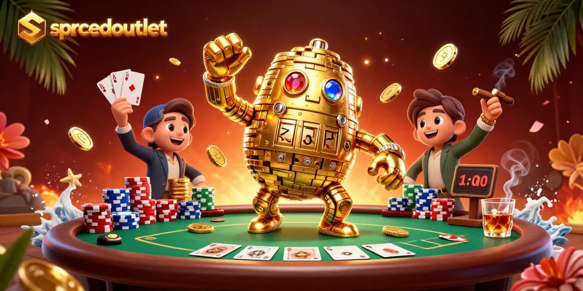 Engage with spacedoutlet's thrilling casino scene featuring a golden golem and poker elements.
