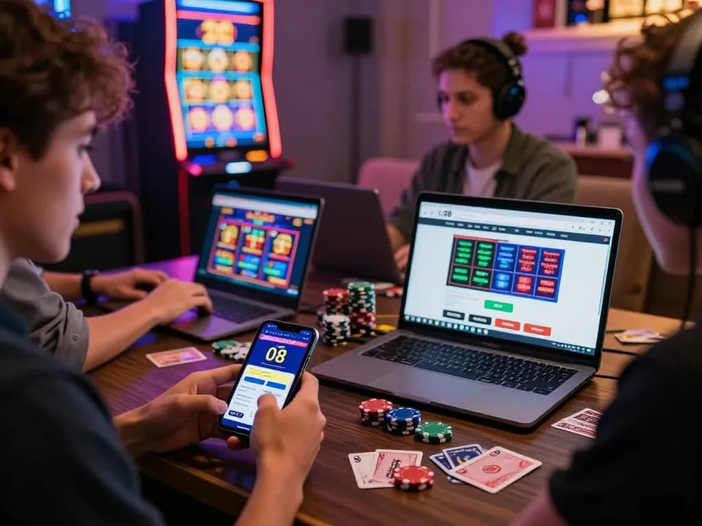 Exciting online gambling experience at https://o8.delivery/ with players engaged in live betting on smartphones and laptops, showcasing vibrant casino graphics.