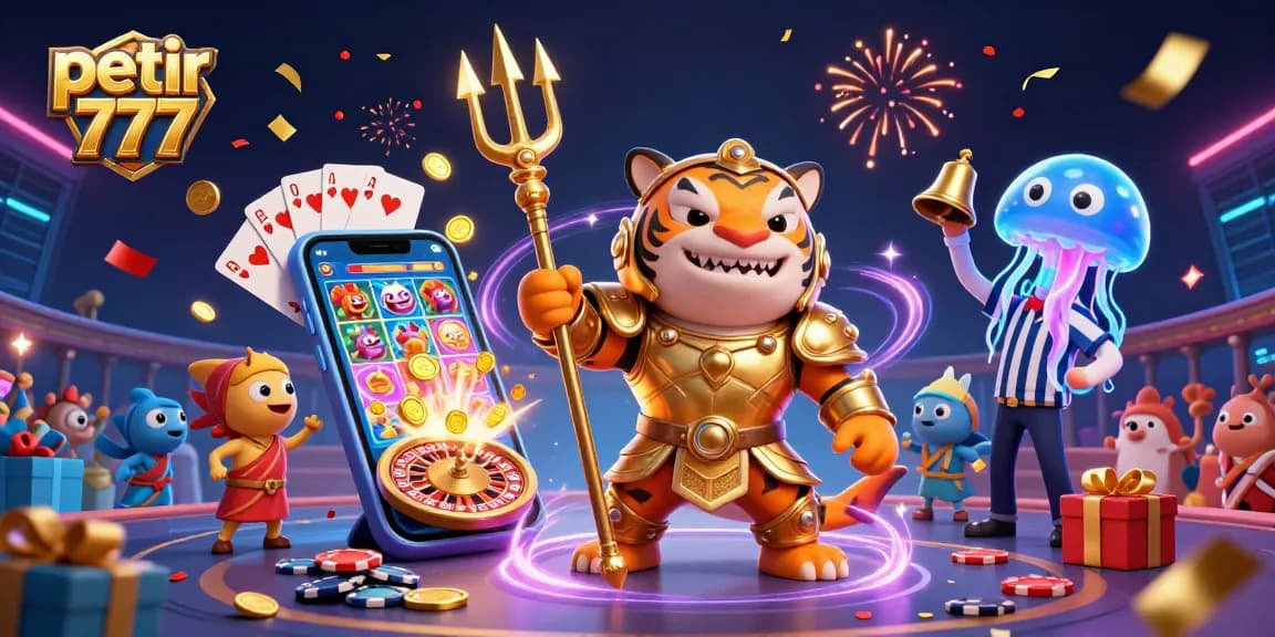 Spin and win with petir 777 featuring a cartoon shark, vibrant slot games, and festive atmosphere.