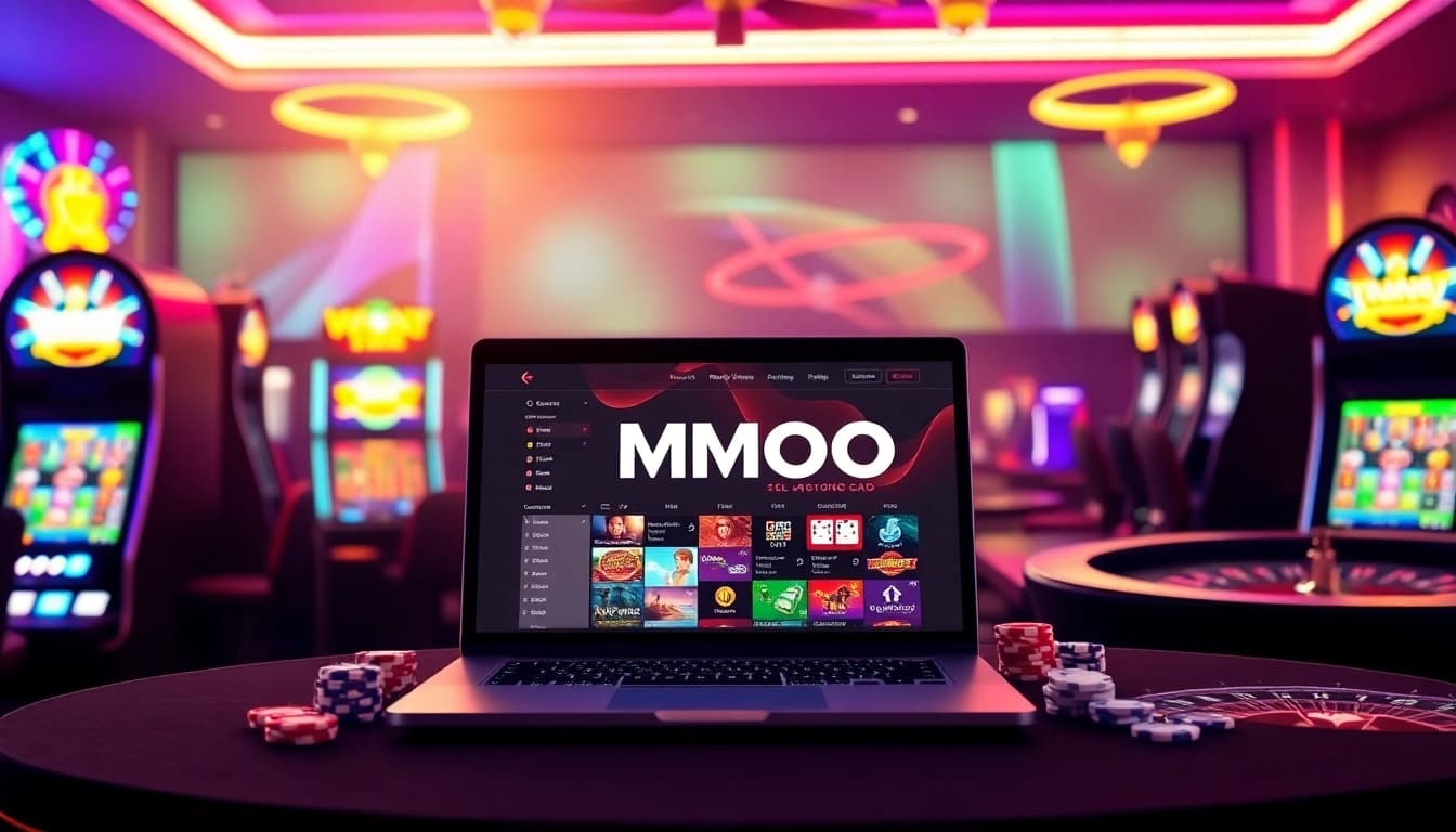 MMOO online gaming interface amidst vibrant casino elements for excited gamblers.