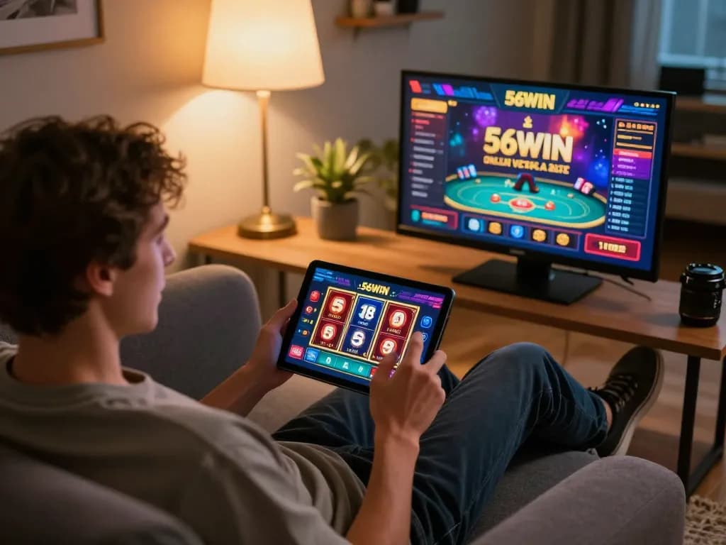 Engaging in online gaming at https://56win.autos/ with exciting poker graphics on a tablet in a cozy home setup.