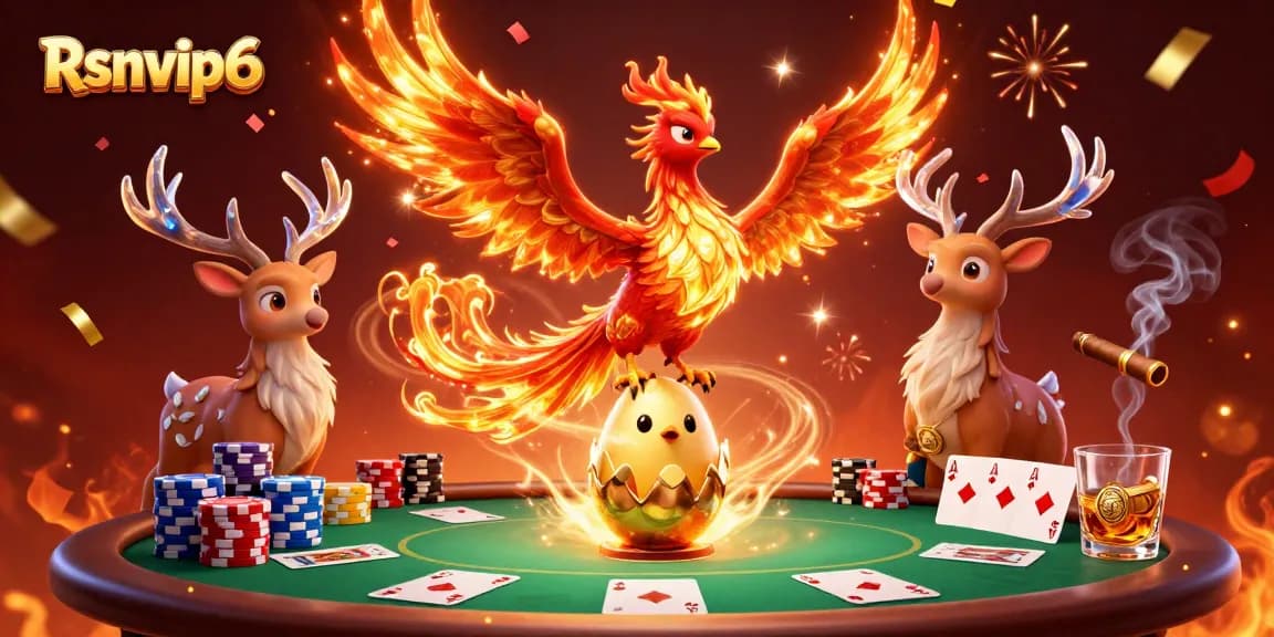 Rasakan dunia mendebarkan Rsnvip6 dengan suasana kasino 3D yang cerah menampilkan seekor phoenix dan elemen poker.